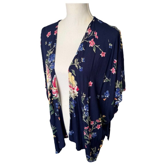 Angie Kimono Womens S Boho Floral Print Open Cardigan Drape Dolman Navy Blue - Picture 4 of 12